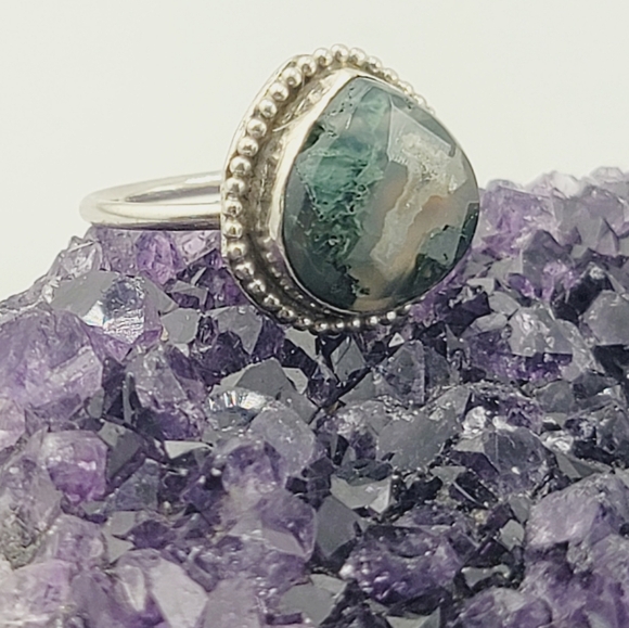 GREEN MOSS AGATE RING HANDMADE IN STERLING SILVER METAL SIZE 8 - Picture 6 of 6